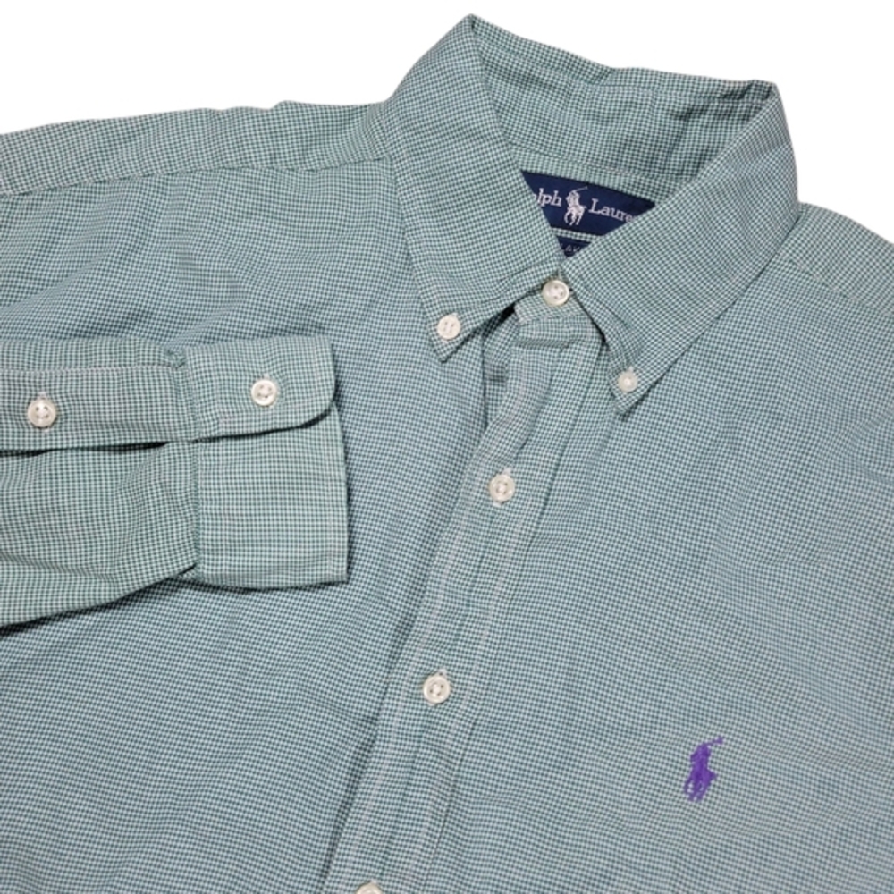 Ralph Lauren Blake Button Down Shirt Mens Medium Green Houndstooth‎ Long Sleeve